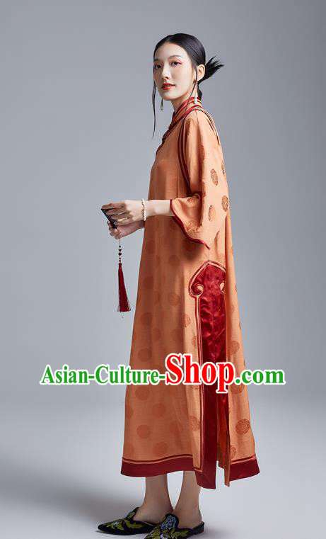 China Classical Wide Sleeve Cheongsam Costume Traditional Young Lady Orange Silk Loose Qipao Dress