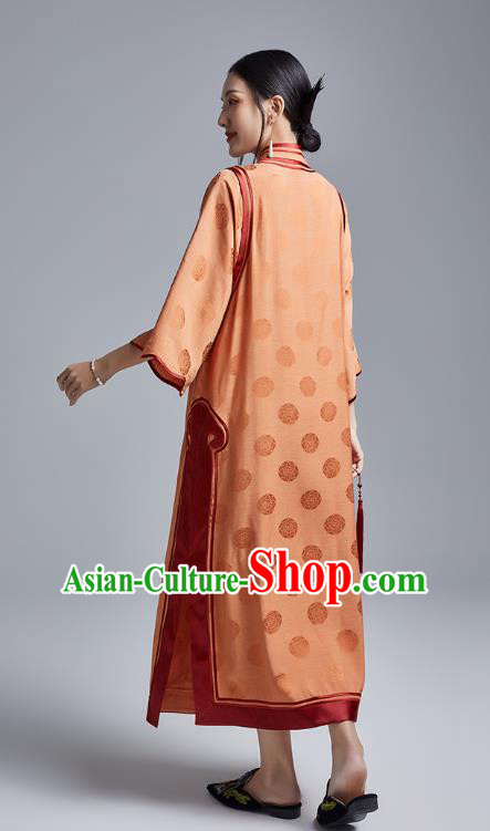 China Classical Wide Sleeve Cheongsam Costume Traditional Young Lady Orange Silk Loose Qipao Dress