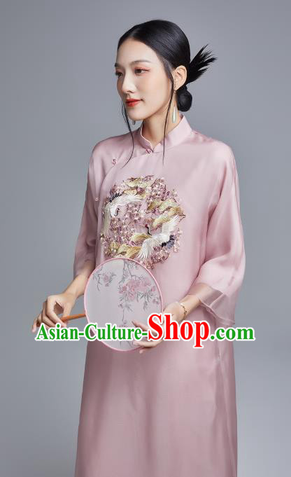 China Classical Pink Organdy Cheongsam Costume Traditional Young Lady Embroidered Cranes Qipao Dress