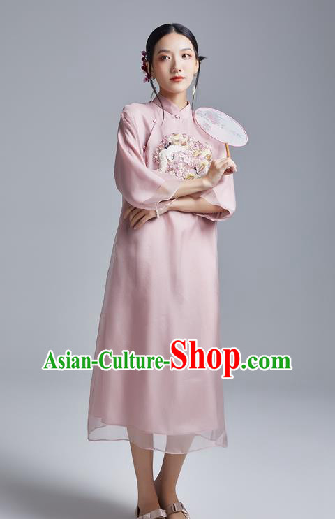 China Classical Pink Organdy Cheongsam Costume Traditional Young Lady Embroidered Cranes Qipao Dress