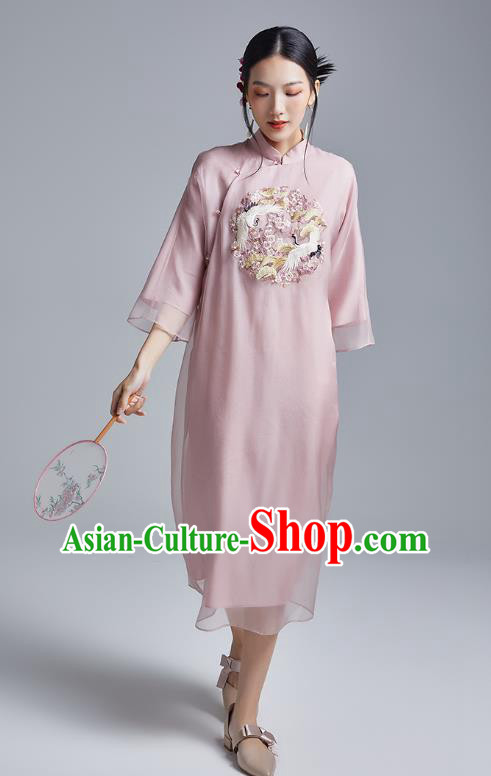China Classical Pink Organdy Cheongsam Costume Traditional Young Lady Embroidered Cranes Qipao Dress