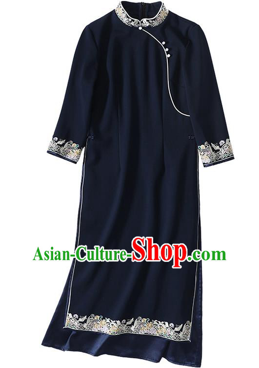 Chinese Traditional Tang Suit Cheongsam Costume National Embroidered Navy Blue Qipao Dress