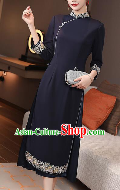 Chinese Traditional Tang Suit Cheongsam Costume National Embroidered Navy Blue Qipao Dress
