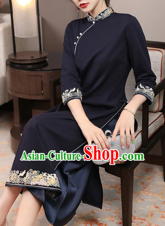 Chinese Traditional Tang Suit Cheongsam Costume National Embroidered Navy Blue Qipao Dress
