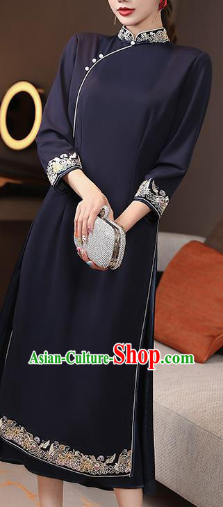 Chinese Traditional Tang Suit Cheongsam Costume National Embroidered Navy Blue Qipao Dress