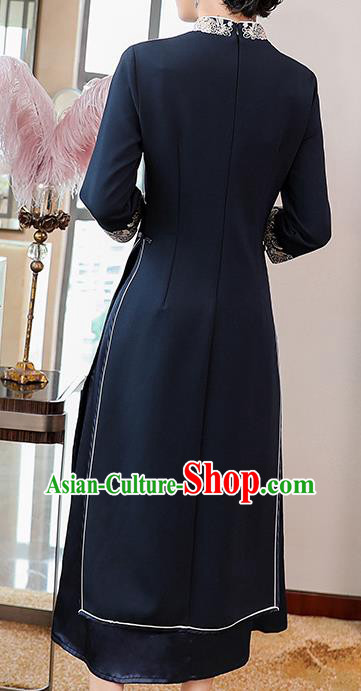 Chinese Traditional Tang Suit Cheongsam Costume National Embroidered Navy Blue Qipao Dress