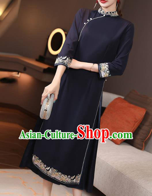 Chinese Traditional Tang Suit Cheongsam Costume National Embroidered Navy Blue Qipao Dress