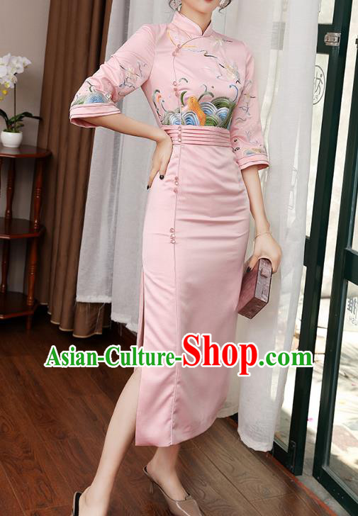 Chinese Modern Dance Pink Satin Qipao Dress Traditional Tang Suit Embroidered Cheongsam Costume