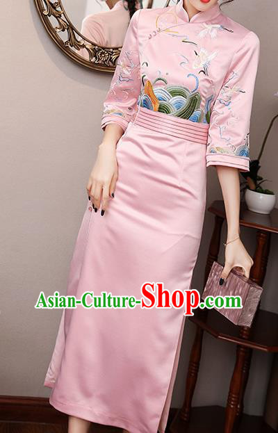 Chinese Modern Dance Pink Satin Qipao Dress Traditional Tang Suit Embroidered Cheongsam Costume