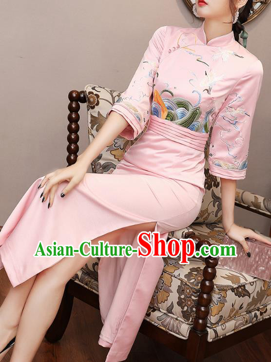 Chinese Modern Dance Pink Satin Qipao Dress Traditional Tang Suit Embroidered Cheongsam Costume