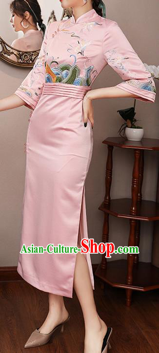 Chinese Modern Dance Pink Satin Qipao Dress Traditional Tang Suit Embroidered Cheongsam Costume