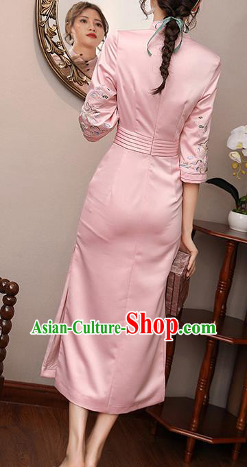 Chinese Modern Dance Pink Satin Qipao Dress Traditional Tang Suit Embroidered Cheongsam Costume