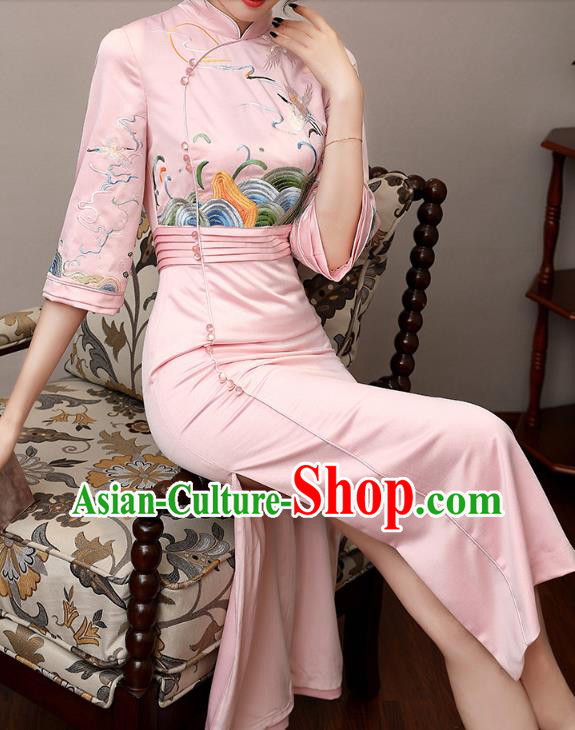 Chinese Modern Dance Pink Satin Qipao Dress Traditional Tang Suit Embroidered Cheongsam Costume