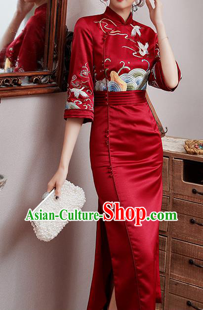 Chinese Traditional Tang Suit Embroidered Cheongsam Costume Modern Dance Dark Red Satin Qipao Dress
