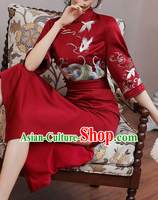 Chinese Traditional Tang Suit Embroidered Cheongsam Costume Modern Dance Dark Red Satin Qipao Dress
