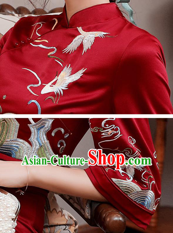 Chinese Traditional Tang Suit Embroidered Cheongsam Costume Modern Dance Dark Red Satin Qipao Dress