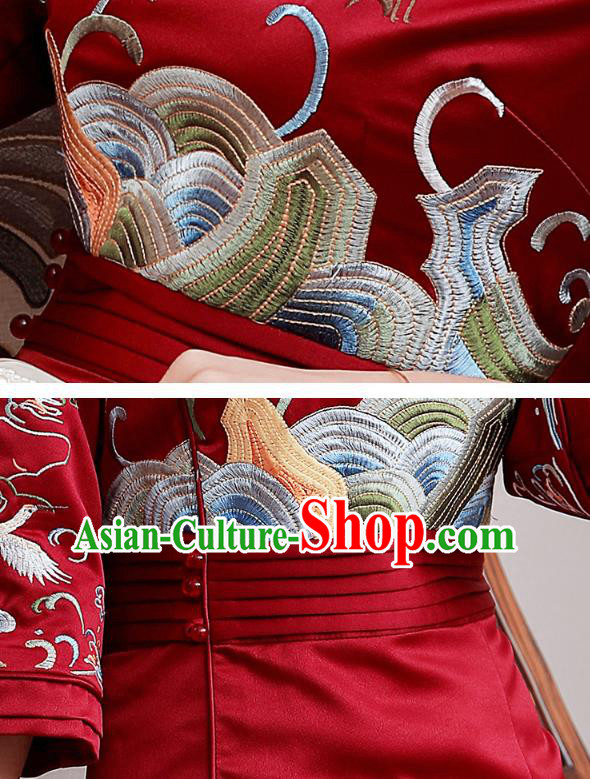 Chinese Traditional Tang Suit Embroidered Cheongsam Costume Modern Dance Dark Red Satin Qipao Dress