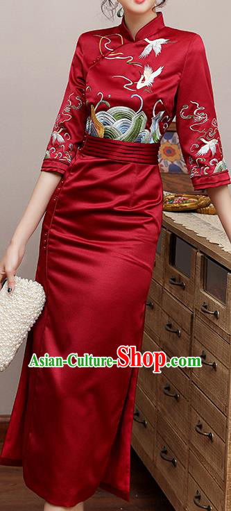 Chinese Traditional Tang Suit Embroidered Cheongsam Costume Modern Dance Dark Red Satin Qipao Dress