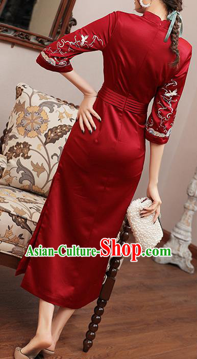 Chinese Traditional Tang Suit Embroidered Cheongsam Costume Modern Dance Dark Red Satin Qipao Dress