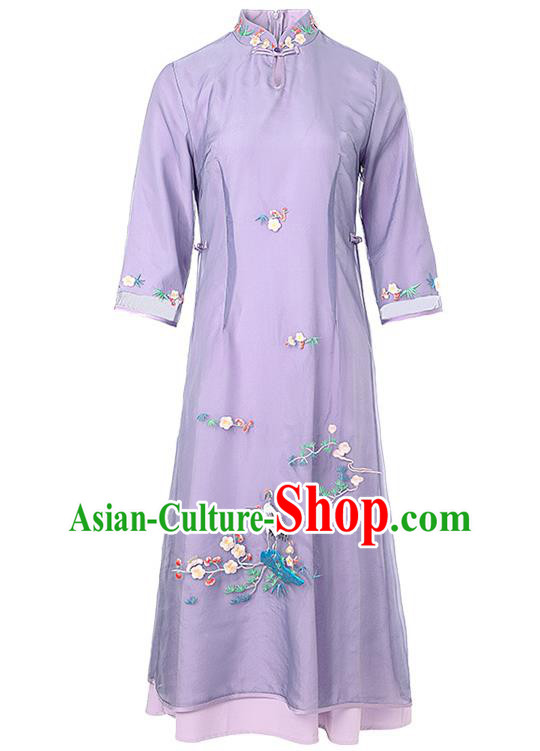 Chinese Zen Costume Traditional Tang Suit Embroidered Purple Organdy Cheongsam Stand Collar Qipao Dress