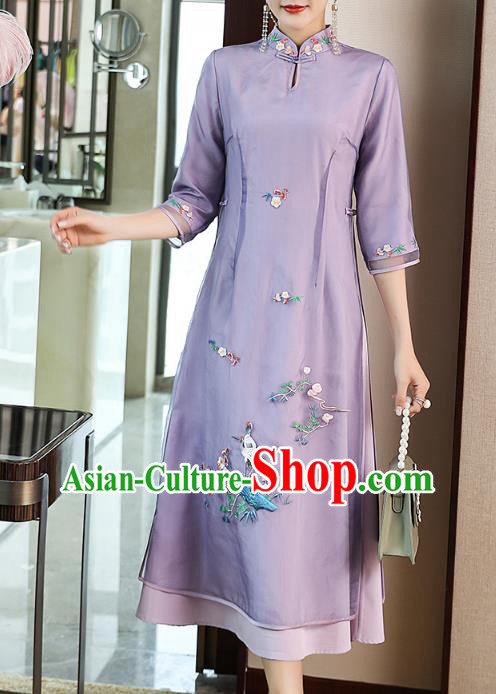 Chinese Zen Costume Traditional Tang Suit Embroidered Purple Organdy Cheongsam Stand Collar Qipao Dress