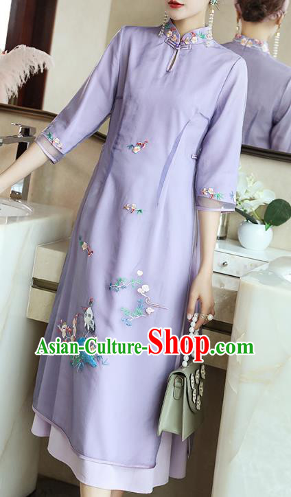 Chinese Zen Costume Traditional Tang Suit Embroidered Purple Organdy Cheongsam Stand Collar Qipao Dress