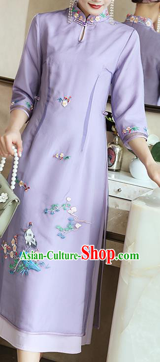 Chinese Zen Costume Traditional Tang Suit Embroidered Purple Organdy Cheongsam Stand Collar Qipao Dress