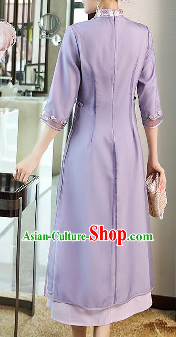 Chinese Zen Costume Traditional Tang Suit Embroidered Purple Organdy Cheongsam Stand Collar Qipao Dress