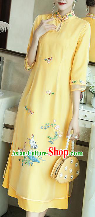 Chinese Stand Collar Qipao Dress Zen Costume Traditional Tang Suit Embroidered Yellow Organdy Cheongsam