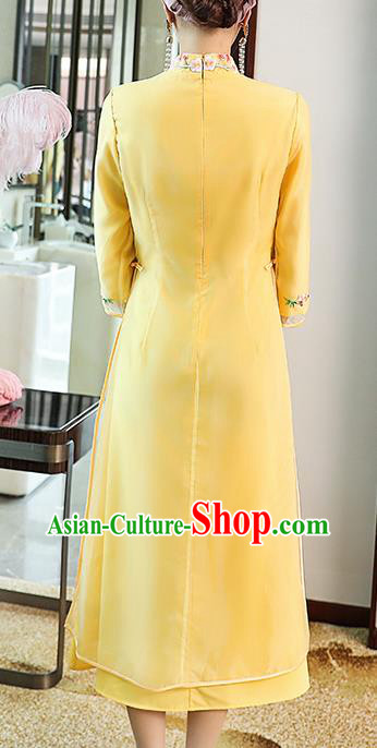 Chinese Stand Collar Qipao Dress Zen Costume Traditional Tang Suit Embroidered Yellow Organdy Cheongsam