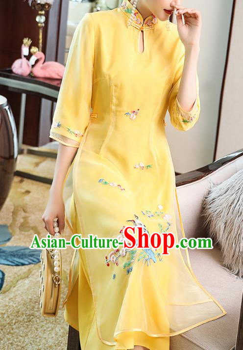 Chinese Stand Collar Qipao Dress Zen Costume Traditional Tang Suit Embroidered Yellow Organdy Cheongsam