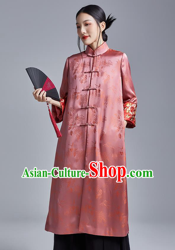 Chinese Traditional Tang Suit Overcoat National Embroidered Pink Brocade Dust Coat