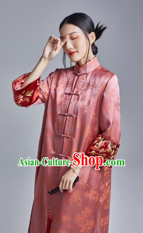 Chinese Traditional Tang Suit Overcoat National Embroidered Pink Brocade Dust Coat