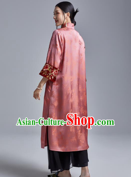 Chinese Traditional Tang Suit Overcoat National Embroidered Pink Brocade Dust Coat