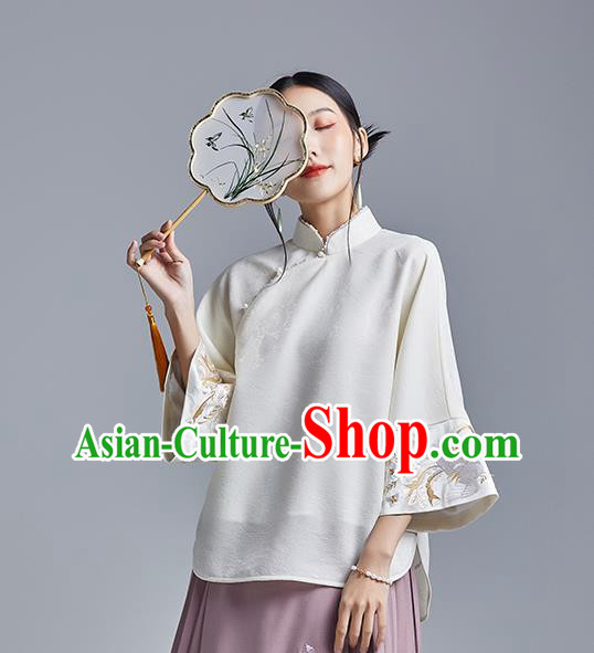 Chinese Traditional Tang Suit Shirt Upper Outer Garment Classical Cheongsam Embroidered Phoenix White Blouse