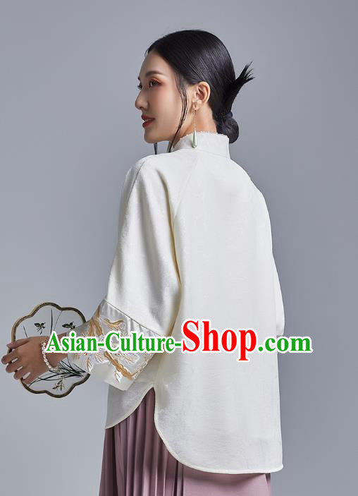 Chinese Traditional Tang Suit Shirt Upper Outer Garment Classical Cheongsam Embroidered Phoenix White Blouse