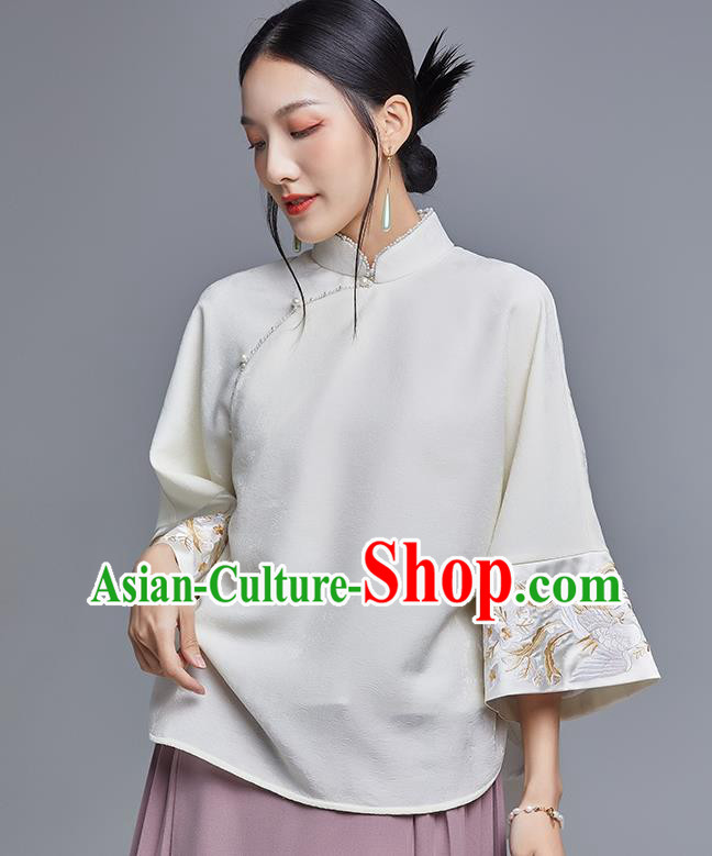Chinese Traditional Tang Suit Shirt Upper Outer Garment Classical Cheongsam Embroidered Phoenix White Blouse