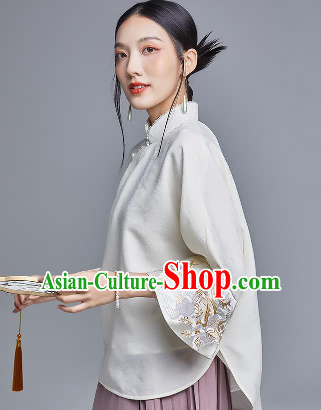 Chinese Traditional Tang Suit Shirt Upper Outer Garment Classical Cheongsam Embroidered Phoenix White Blouse