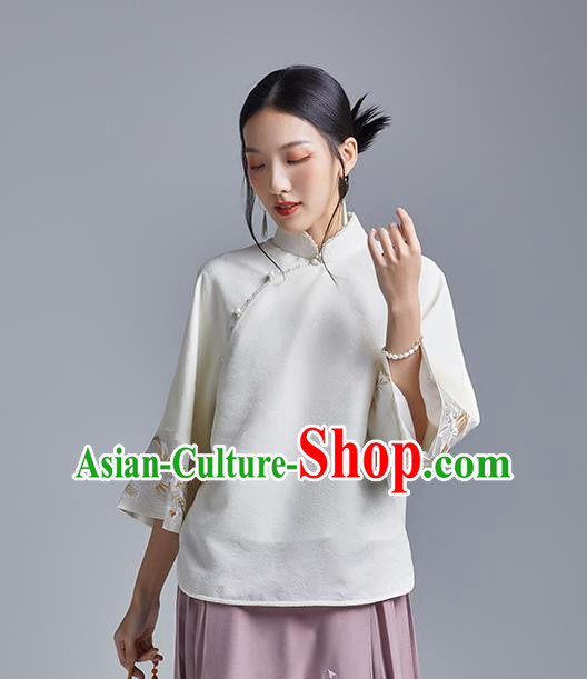 Chinese Traditional Tang Suit Shirt Upper Outer Garment Classical Cheongsam Embroidered Phoenix White Blouse