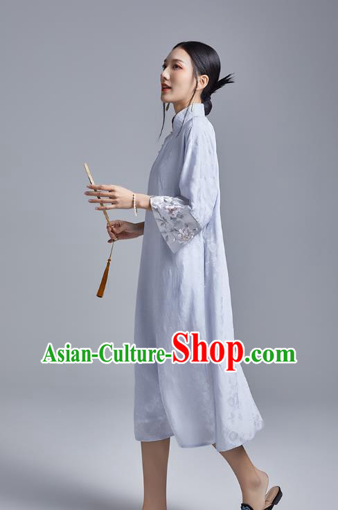 China Classical Embroidered Brocade Cheongsam Costume Traditional Young Lady Blue Silk Qipao Dress