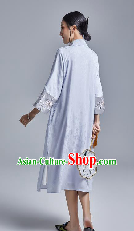 China Classical Embroidered Brocade Cheongsam Costume Traditional Young Lady Blue Silk Qipao Dress
