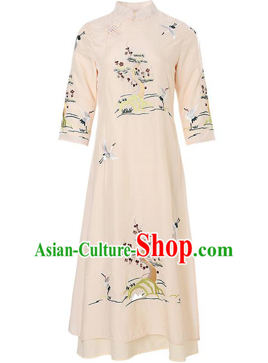 Chinese Traditional Tang Suit Embroidered White Cheongsam Stand Collar Qipao Dress Zen Costume