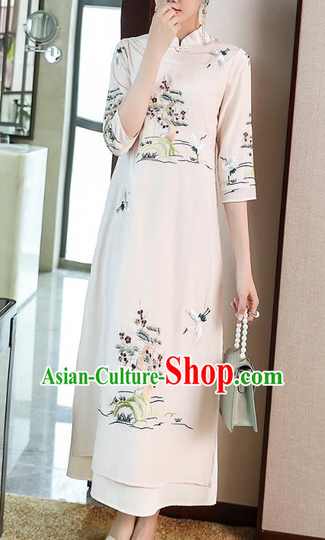 Chinese Traditional Tang Suit Embroidered White Cheongsam Stand Collar Qipao Dress Zen Costume