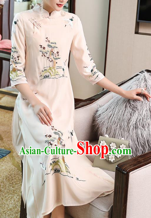 Chinese Traditional Tang Suit Embroidered White Cheongsam Stand Collar Qipao Dress Zen Costume