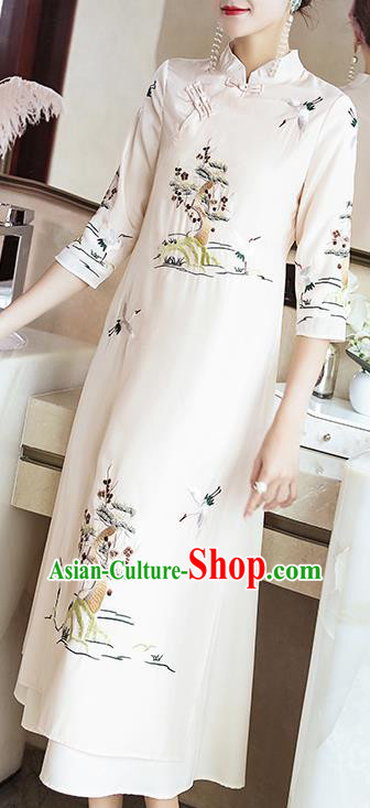 Chinese Traditional Tang Suit Embroidered White Cheongsam Stand Collar Qipao Dress Zen Costume