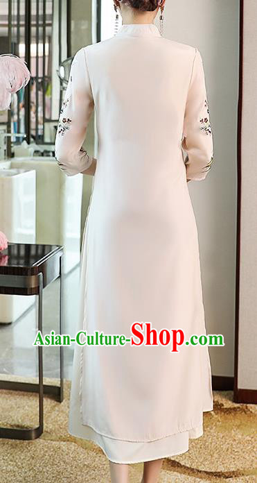 Chinese Traditional Tang Suit Embroidered White Cheongsam Stand Collar Qipao Dress Zen Costume