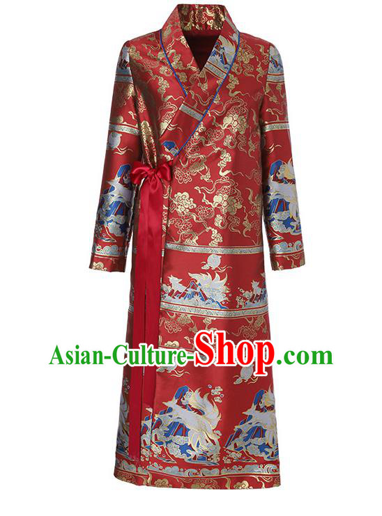 Chinese Tang Suit Red Brocade Cheongsam Costume Traditional Woman Qipao Dress