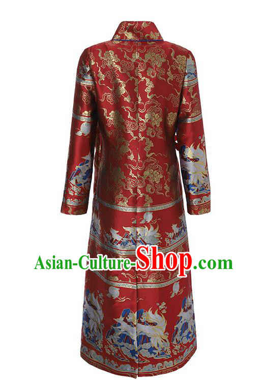Chinese Tang Suit Red Brocade Cheongsam Costume Traditional Woman Qipao Dress