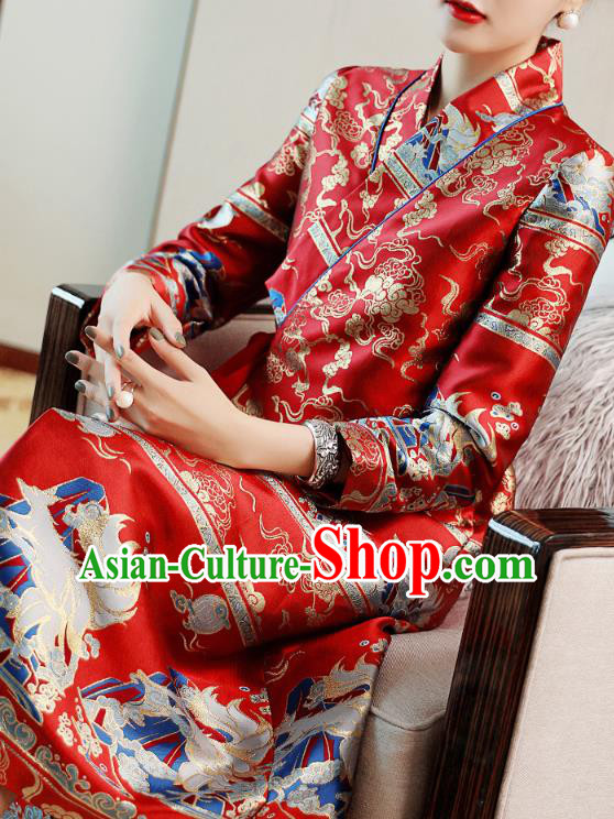Chinese Tang Suit Red Brocade Cheongsam Costume Traditional Woman Qipao Dress