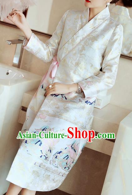 Chinese Traditional Woman Qipao Dress Tang Suit White Brocade Cheongsam Costume